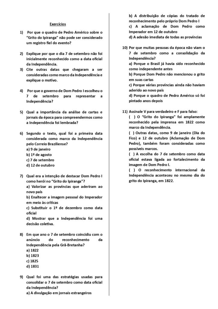 Atividades sobre o 7 de setembro - 8° e 9° ano