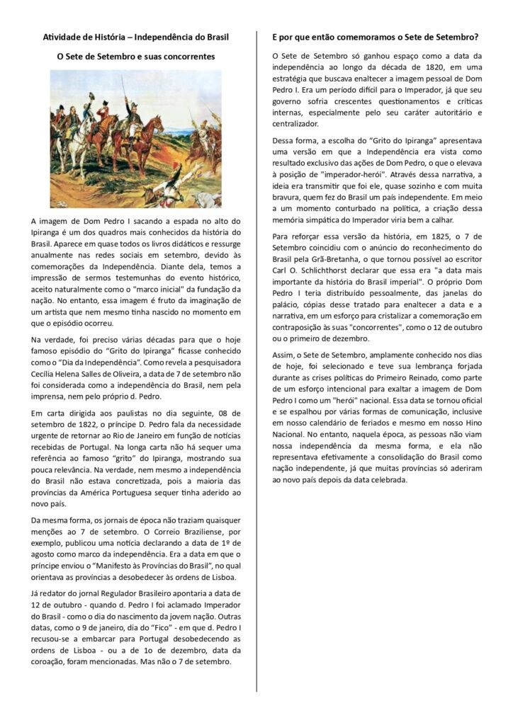 Atividades sobre o 7 de setembro - 8° e 9° ano