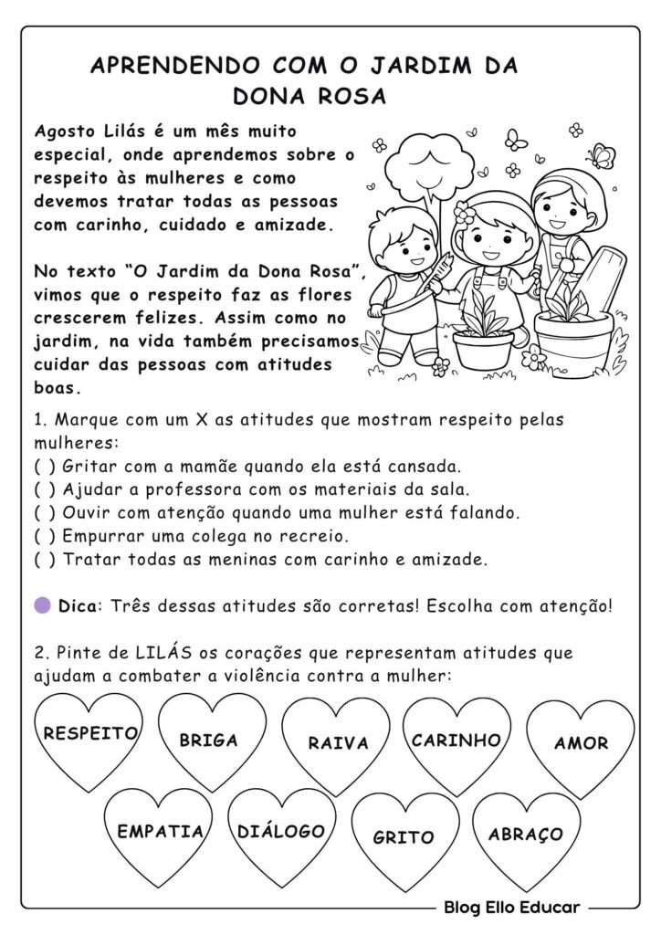 Atividades sobre o Agosto Lilás para 2° e 3° ano
