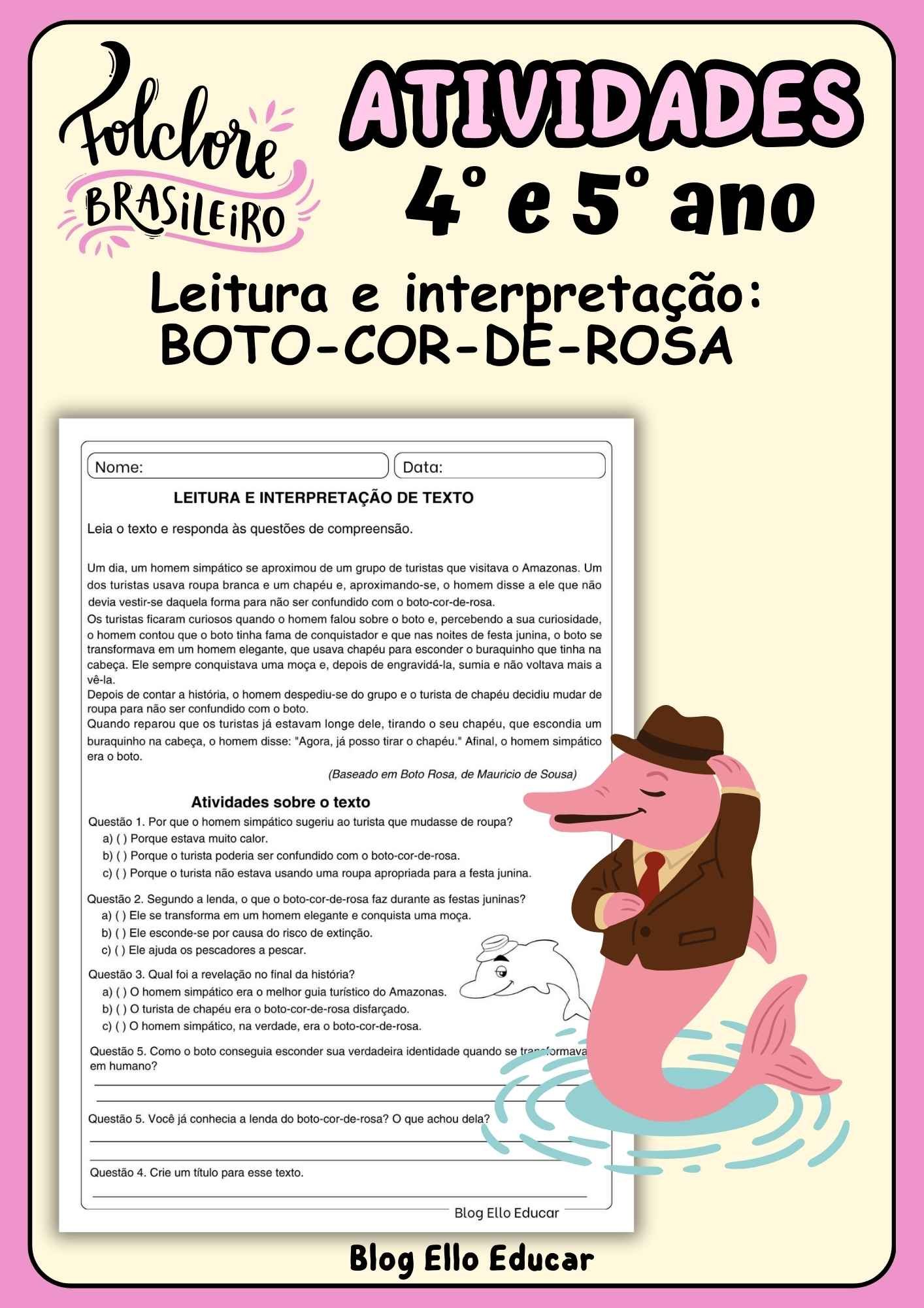 Leitura e interpretação Boto-cor-de-rosa 4° ano