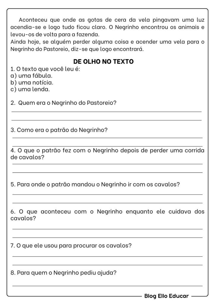 Leitura e interpretação Negrinho do Pastoreio 3°ano.