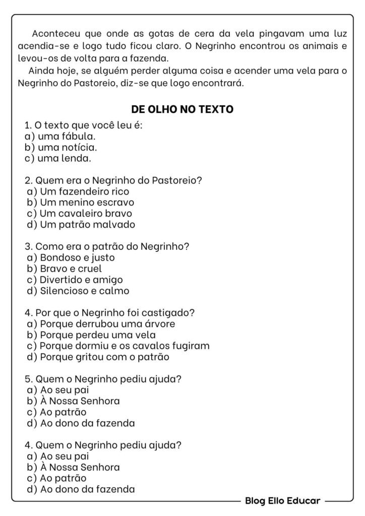 Leitura e interpretação Negrinho do Pastoreio 4°ano