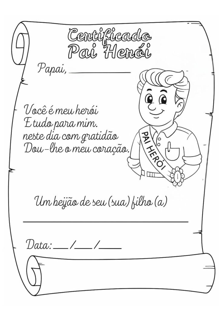 Lembrancinha do dia dos pais - Certificado Pai Herói. Material exclusivo Ello Educar.