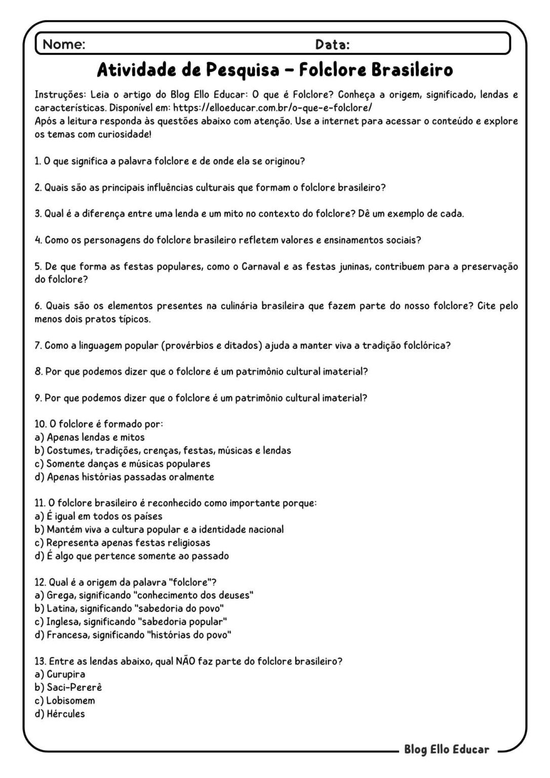 Atividades do Folclore 6° e 7° Ano: baixe PDFs gratuitos