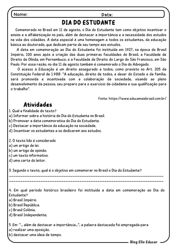 atividades para o dia do estudante 6° e 7° ano