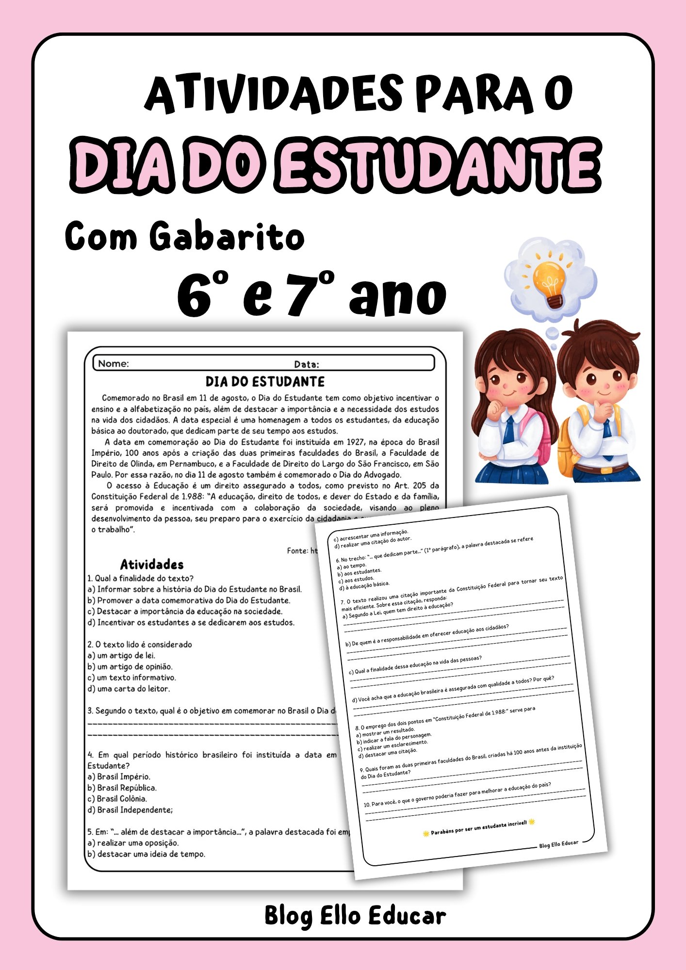 atividades para o dia do estudante 6° e 7° ano