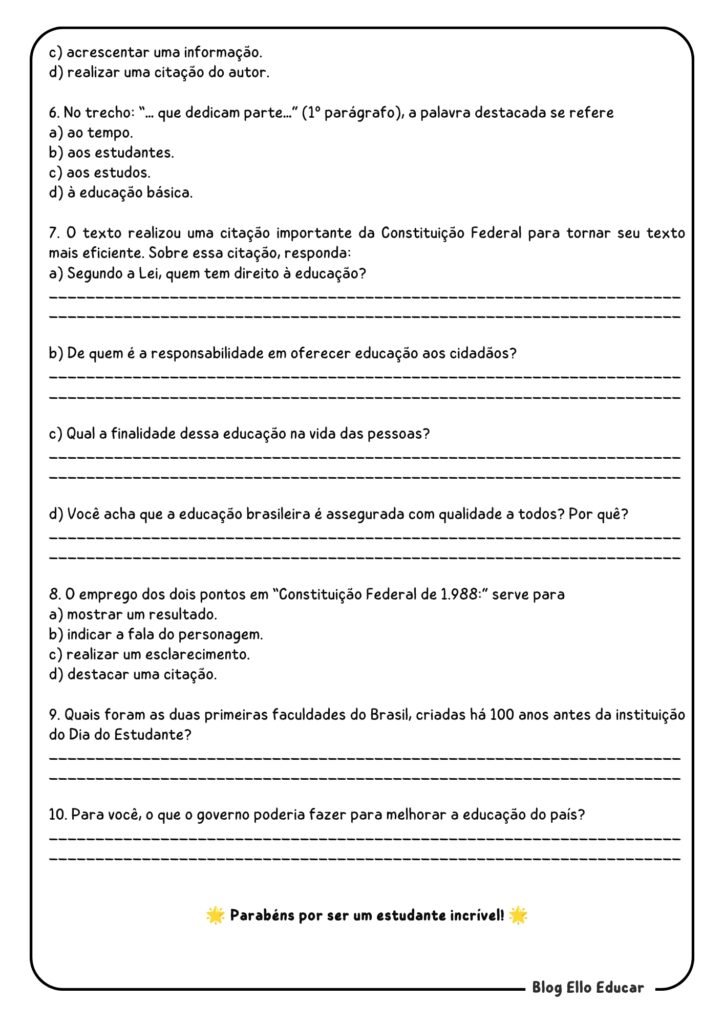atividades para o dia do estudante 6° e 7° ano