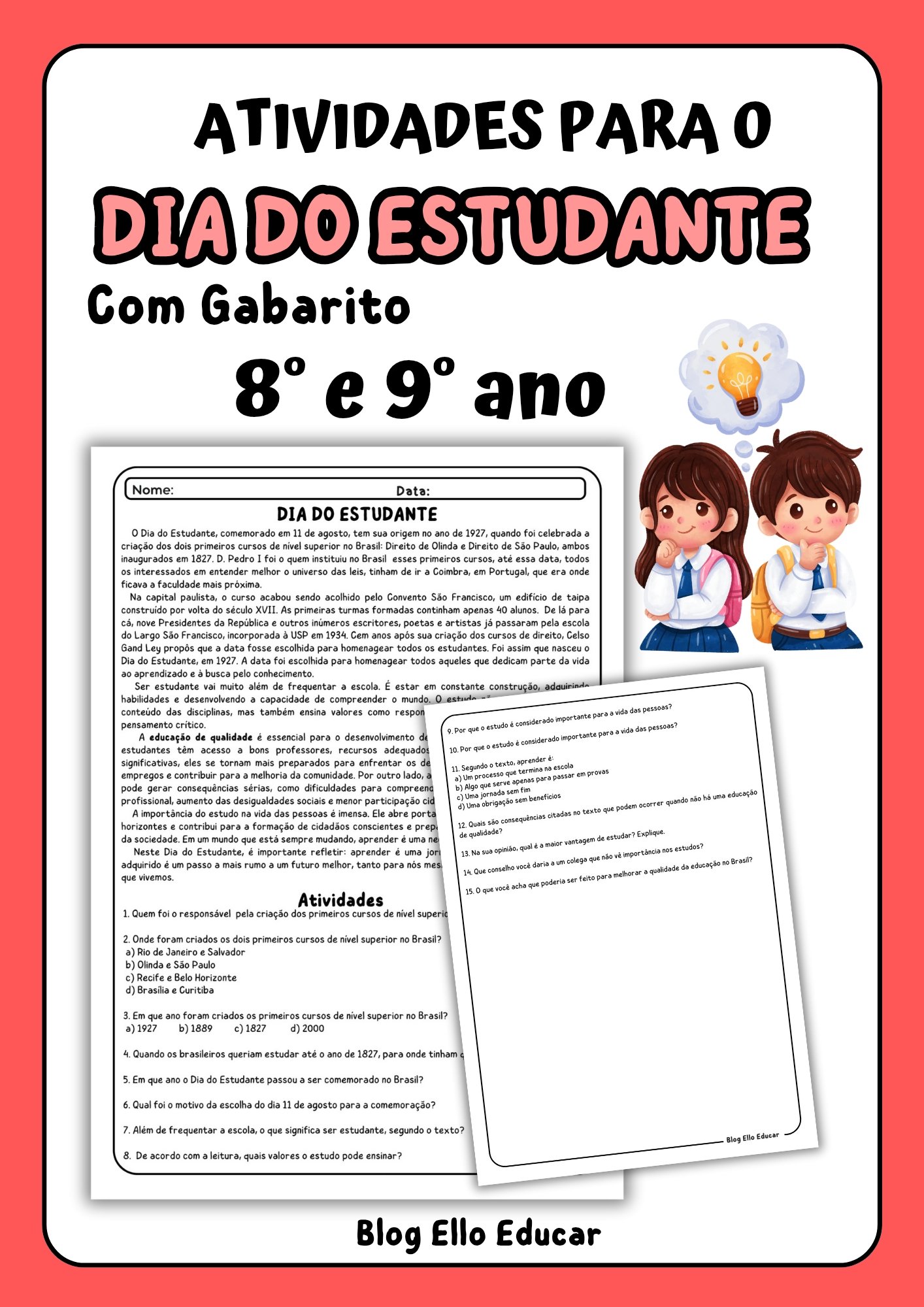 atividades para o dia do estudante 8° e 9° ano