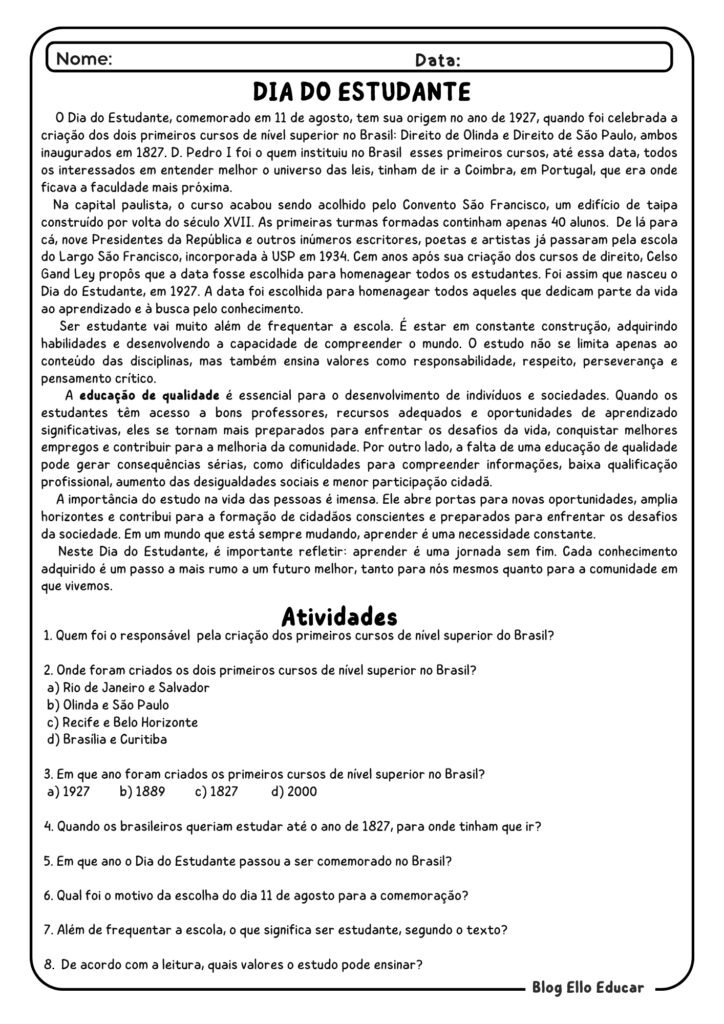 atividades para o dia do estudante 8° e 9° ano