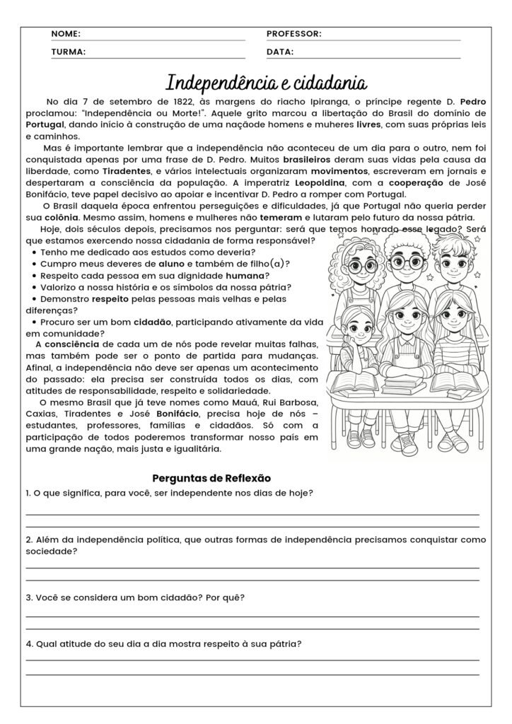 Atividades da Independência do Brasil para 8° e 9° ano