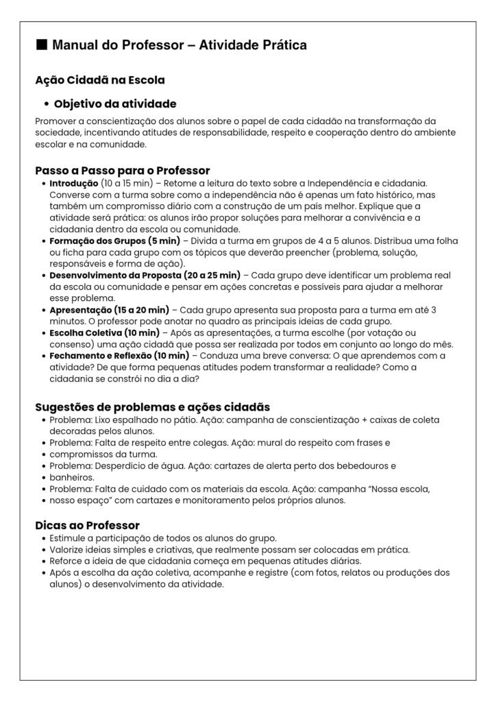 Atividades da Independência do Brasil para 8° e 9° ano