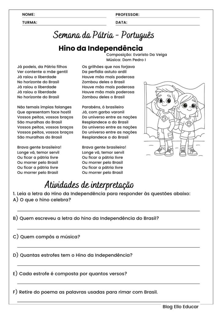 Atividades do Hino da Independência para 4 e 5 ano.