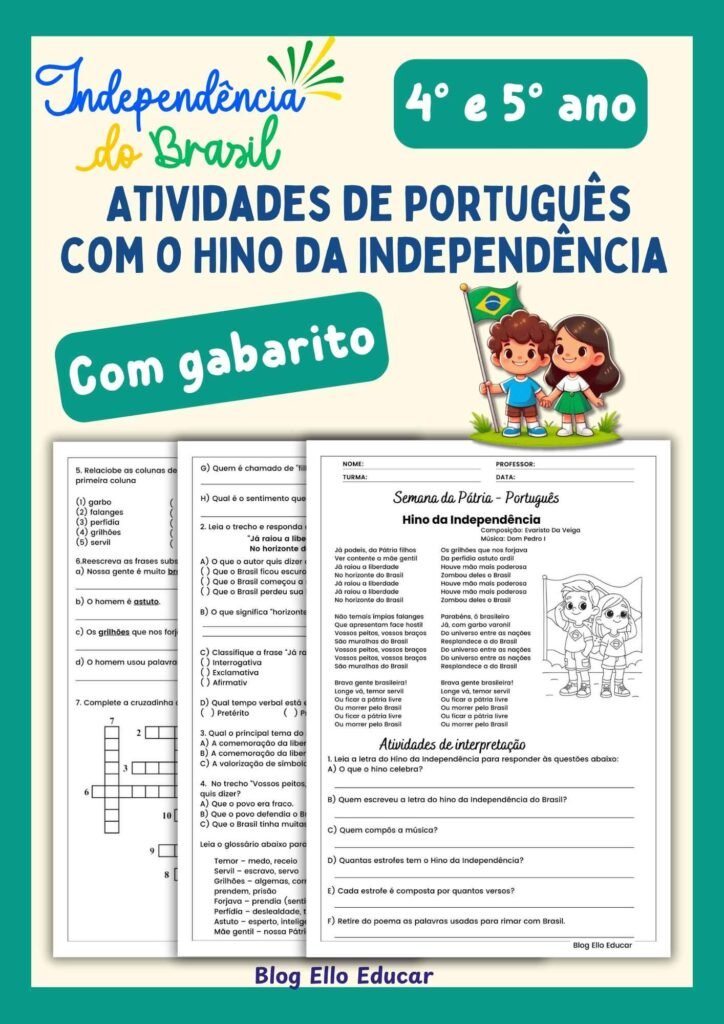Atividades do Hino da Independência para 4 e 5 ano