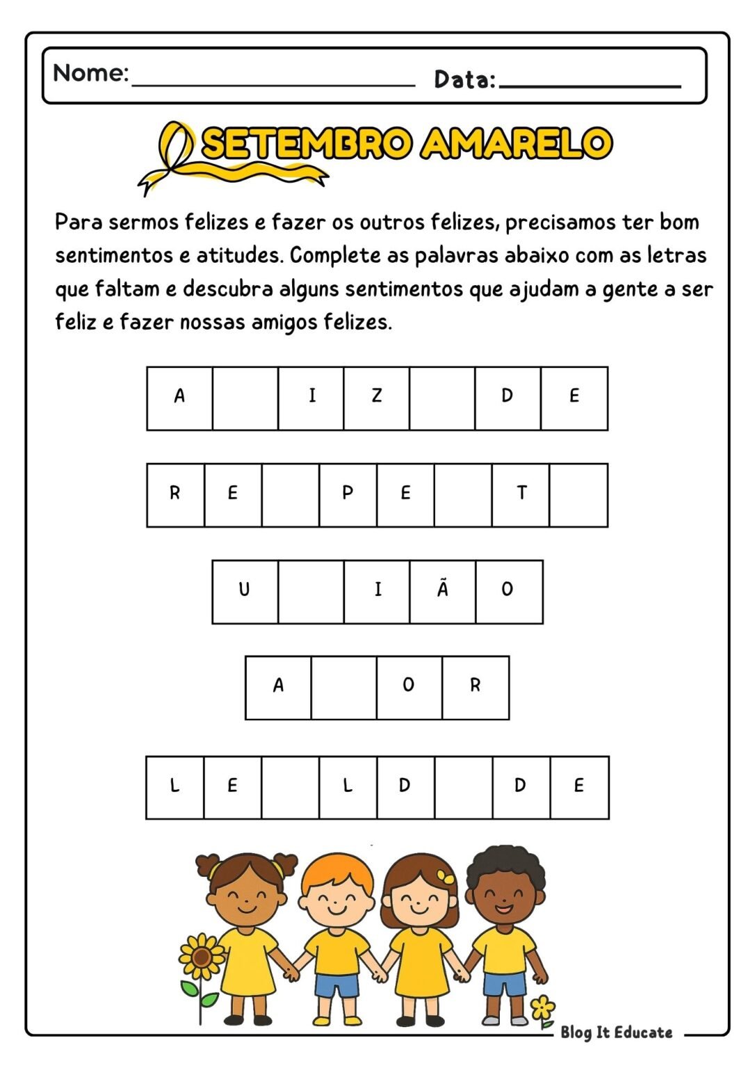 Atividades sobre o Setembro Amarelo para crianças: 1º e 2º ano ...