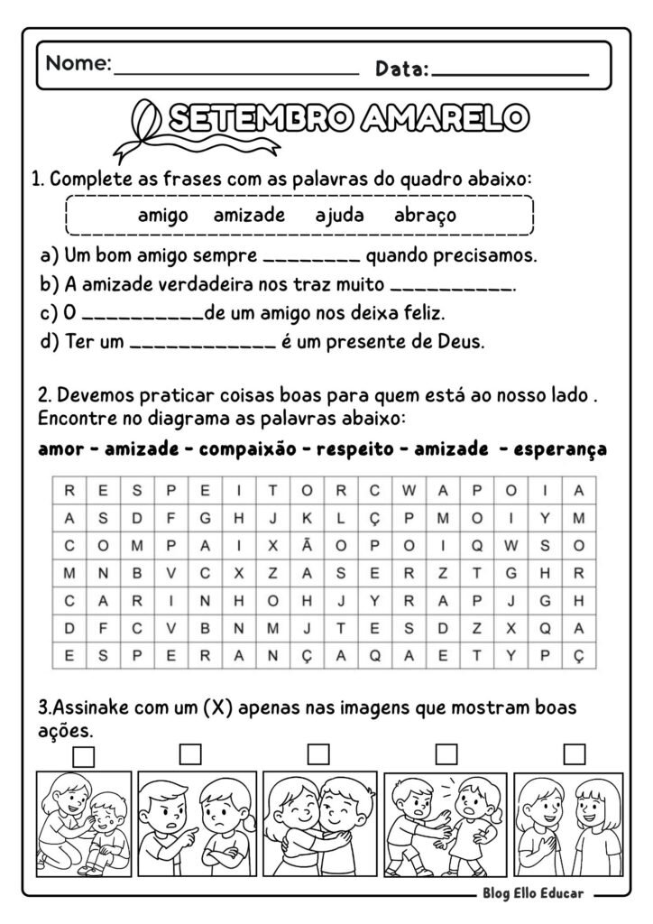 Atividades sobre Setembro Amarelo - 3° ano