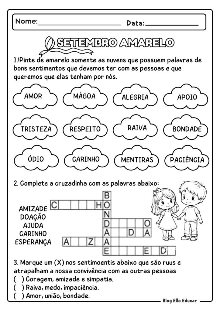 Atividades sobre Setembro Amarelo - 3° ano