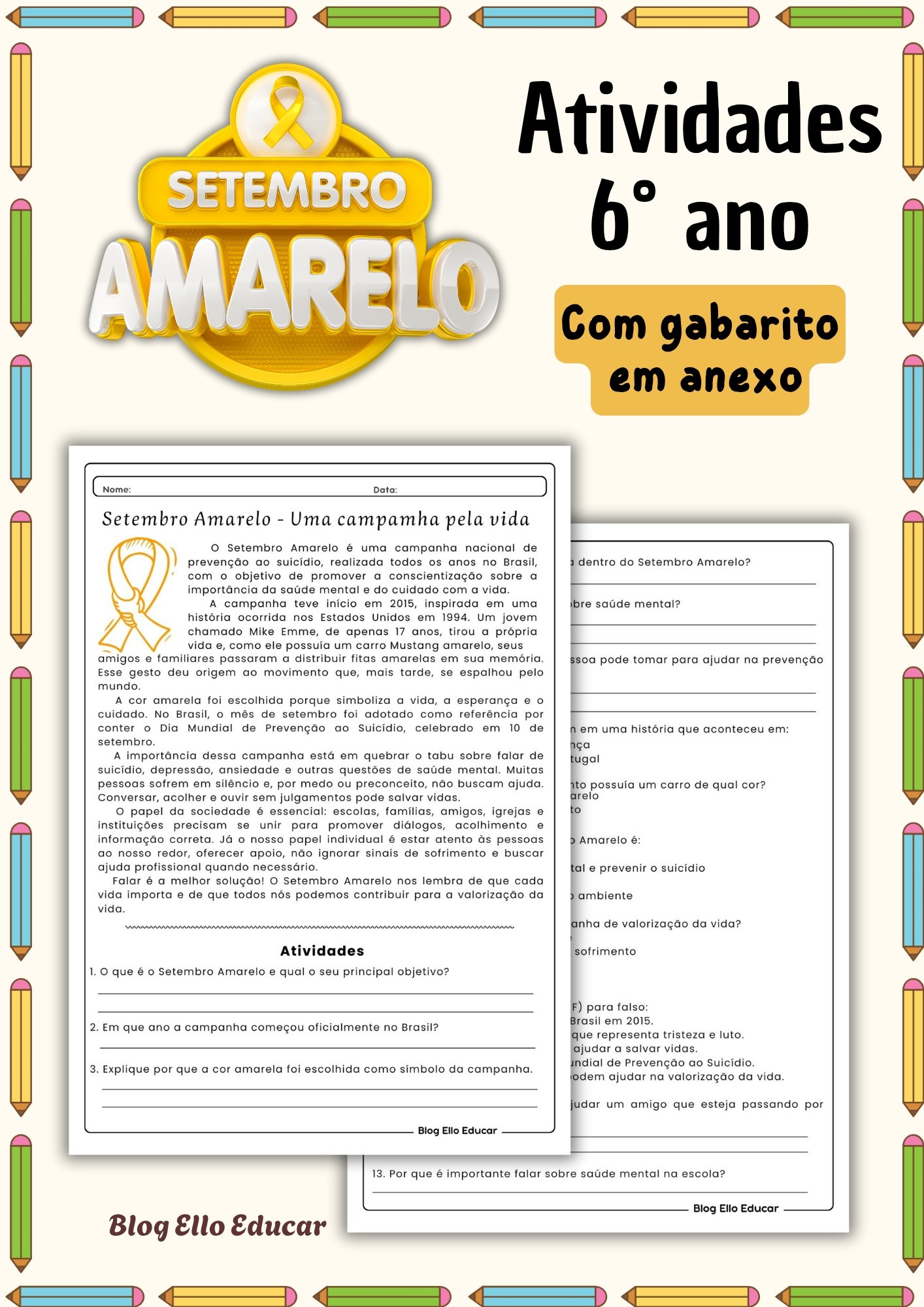 Atividades sobre Setembro Amarelo 6 ano