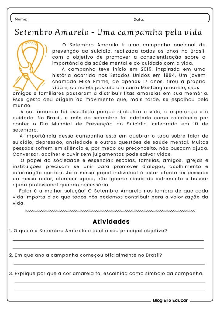 Atividades sobre Setembro Amarelo - 6° ano