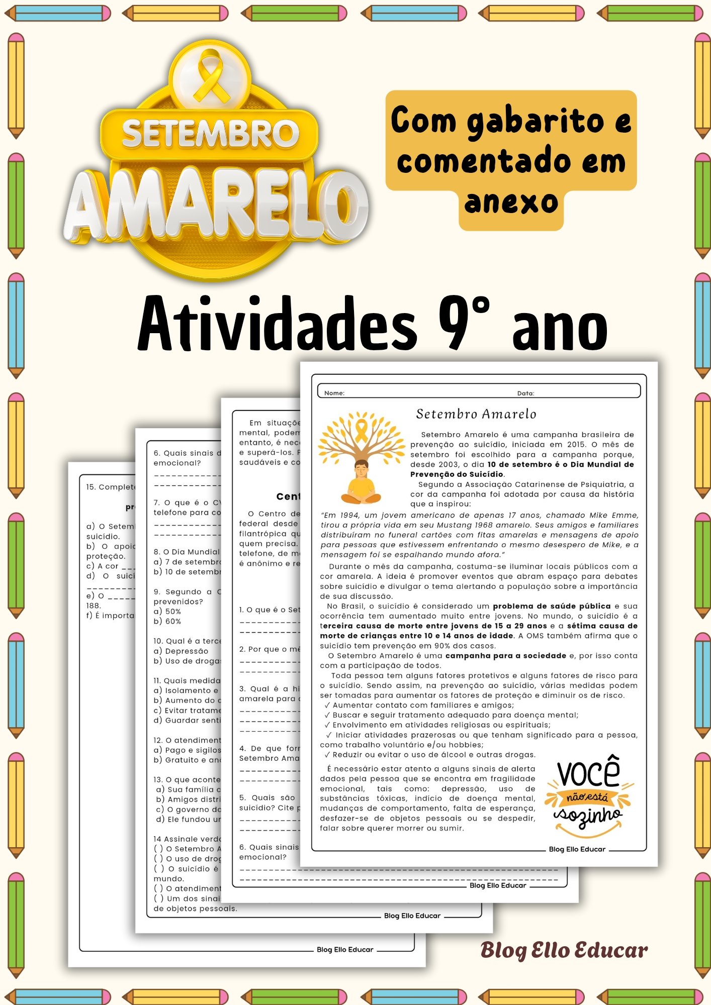 Atividades sobre Setembro Amarelo 9 ano