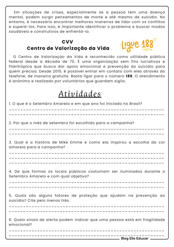Atividades sobre Setembro Amarelo - 9° ano