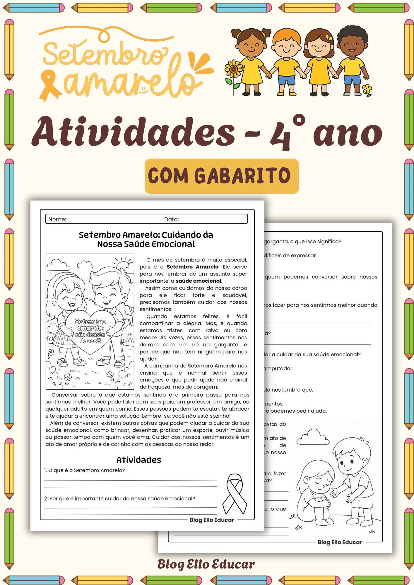 Atividades sobre o Setembro Amarelo 4 ano
