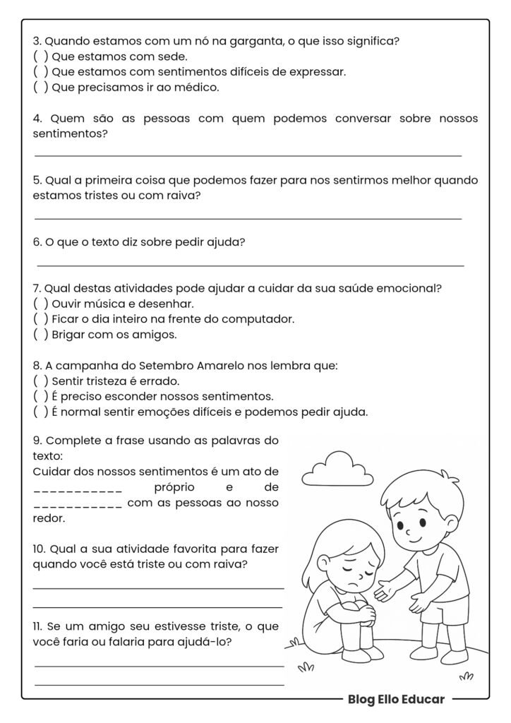 Atividades sobre o Setembro Amarelo 4° ano