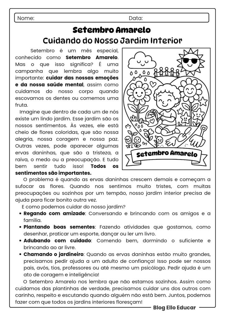Atividades sobre o Setembro Amarelo 5° ano - texto