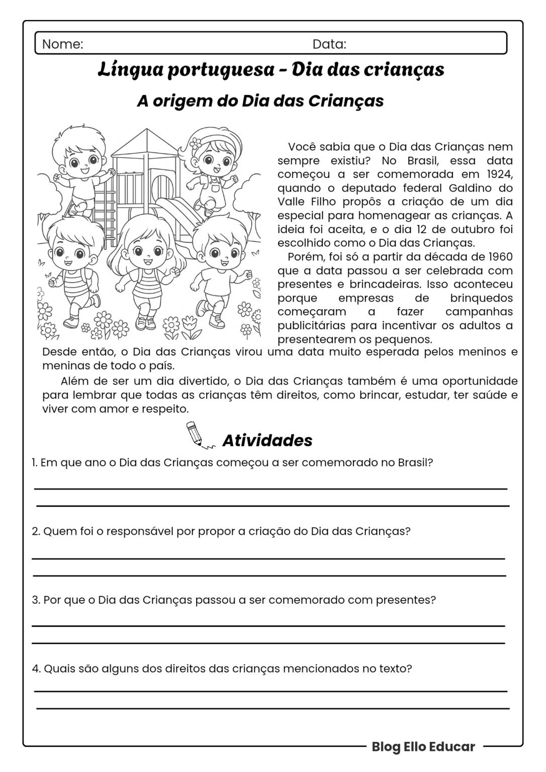 Atividades do Dia das Crianças 4° ano: PDF Grátis e Plano de Aula