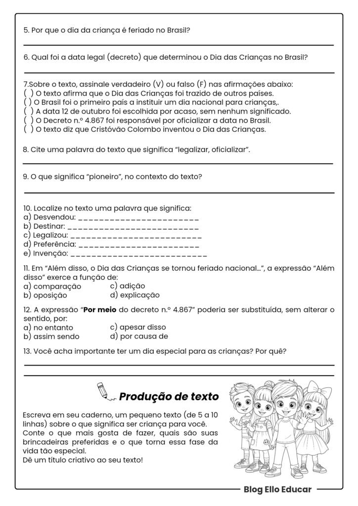 Atividades Dia das Crianças - 5° ano