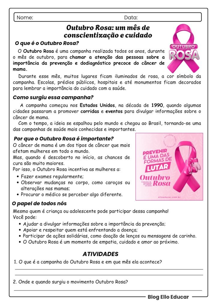 Atividades Outubro Rosa - 6° ano