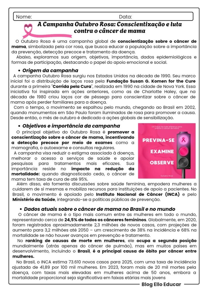 Atividades Outubro Rosa - 9° ano