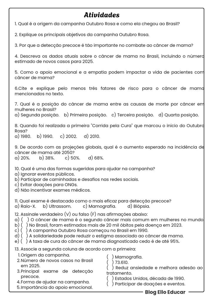 Atividades Outubro Rosa - 9° ano