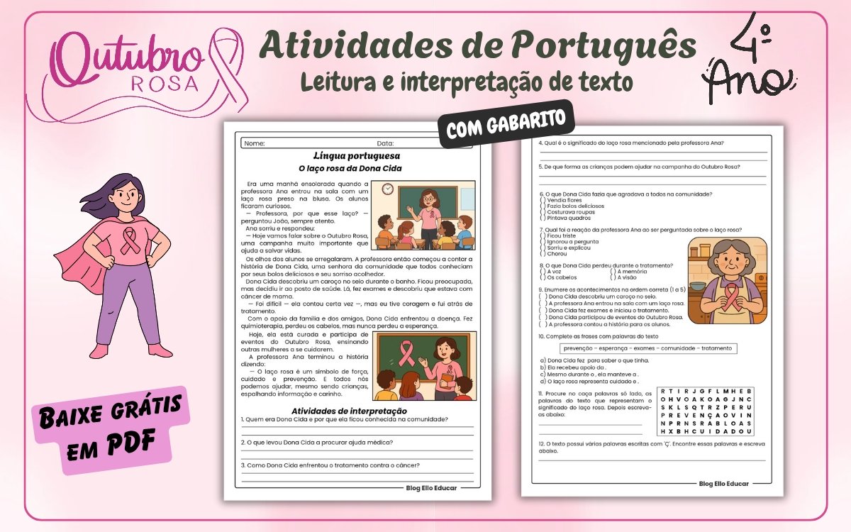 Atividades Outubro Rosa 4° Ano: Materiais Gratuitos para Ensinar Prevenção com Diversão