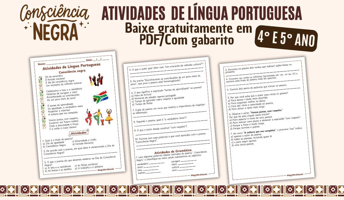 Atividades sobre o Dia da Consciência Negra 4° e 5° ano: Material completo com gabarito