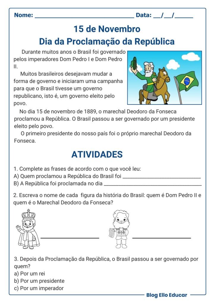 Atividades Proclamação da República 1° ano