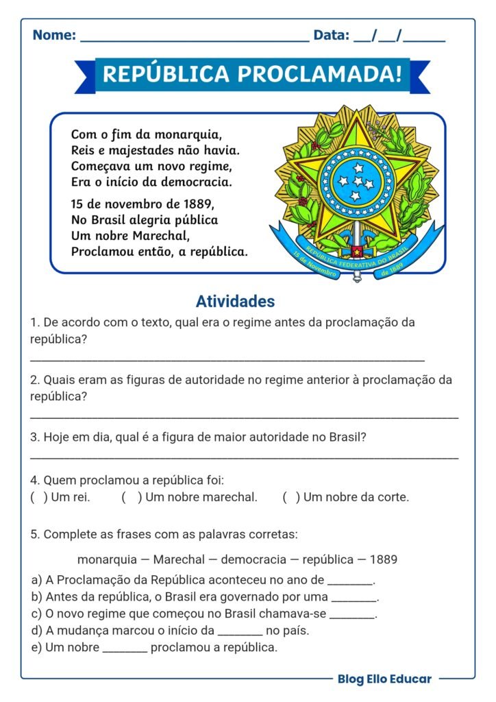 Atividades Proclamação da República  - 3° ano