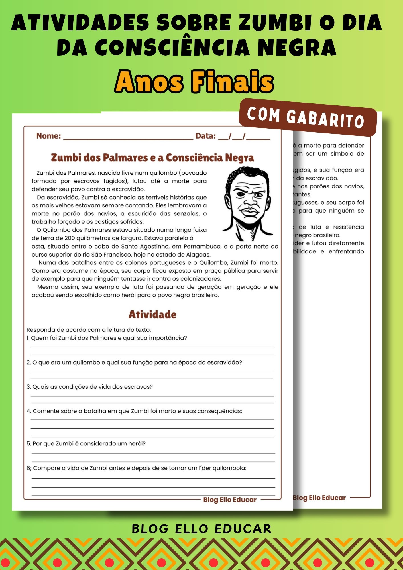 Atividades sobre Zumbi e o Dia da consciência Negra anos finais