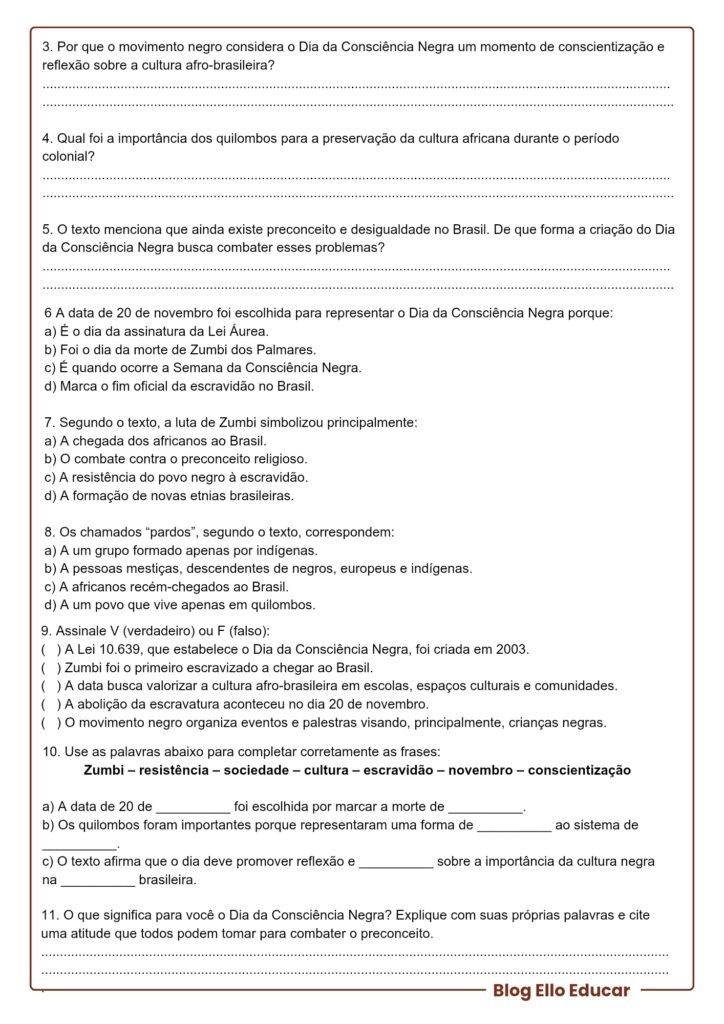 Atividades sobre o Dia da Consciência Negra 8° e 9° ano