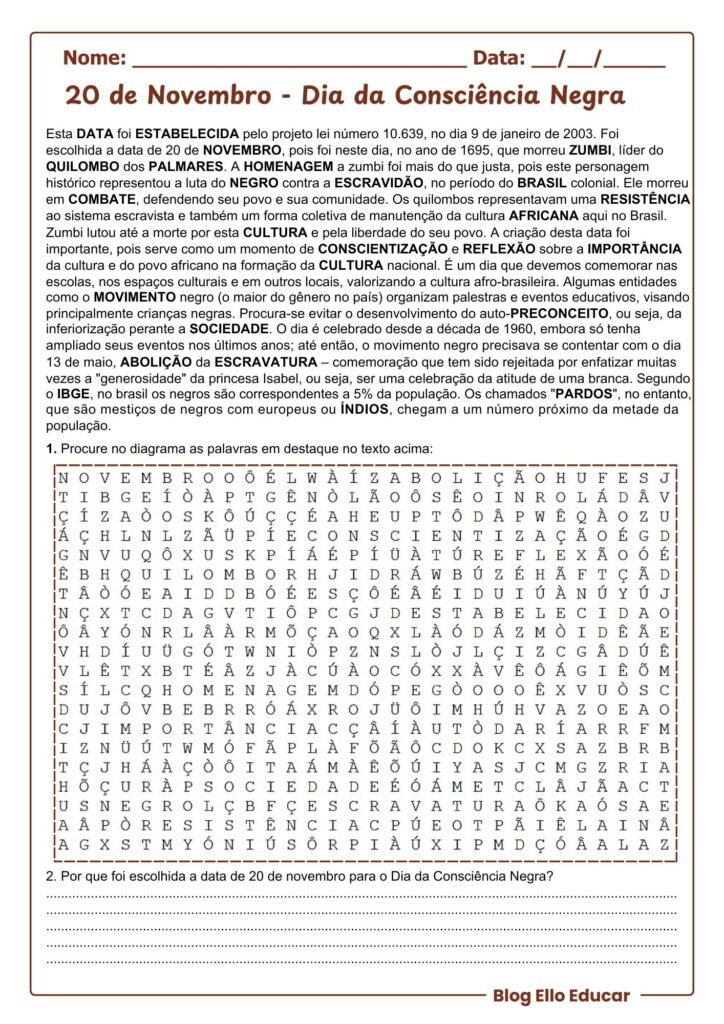 Atividades sobre o Dia da Consciência Negra 8° e 9° ano