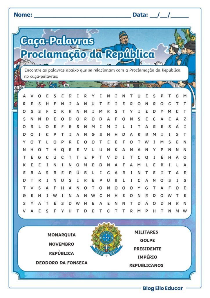 Caça-palavras Proclamação da República.