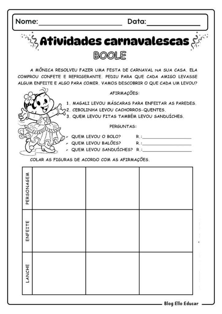 Atividades de Carnaval - alfabetização