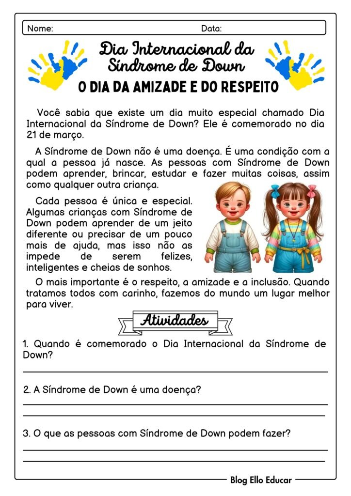 Atividades Dia Internacional da Síndrome de Down 3° ano