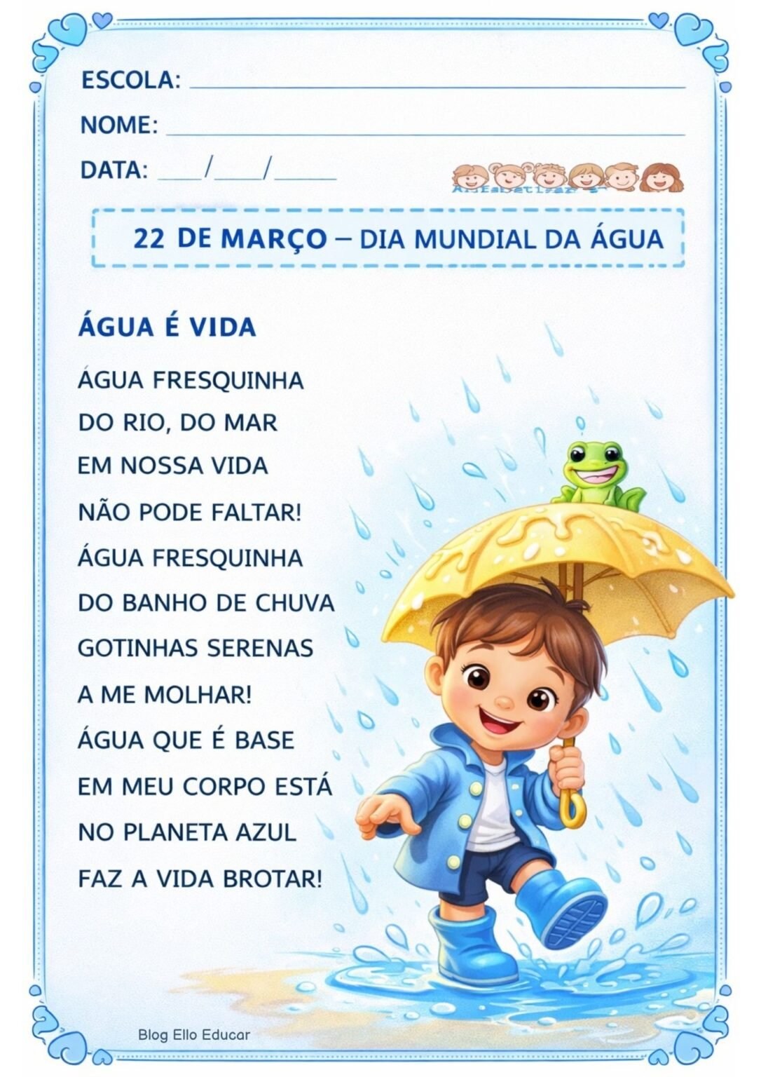 Atividades do Dia da Água 1° e 2° ano: atividade interdisciplinar