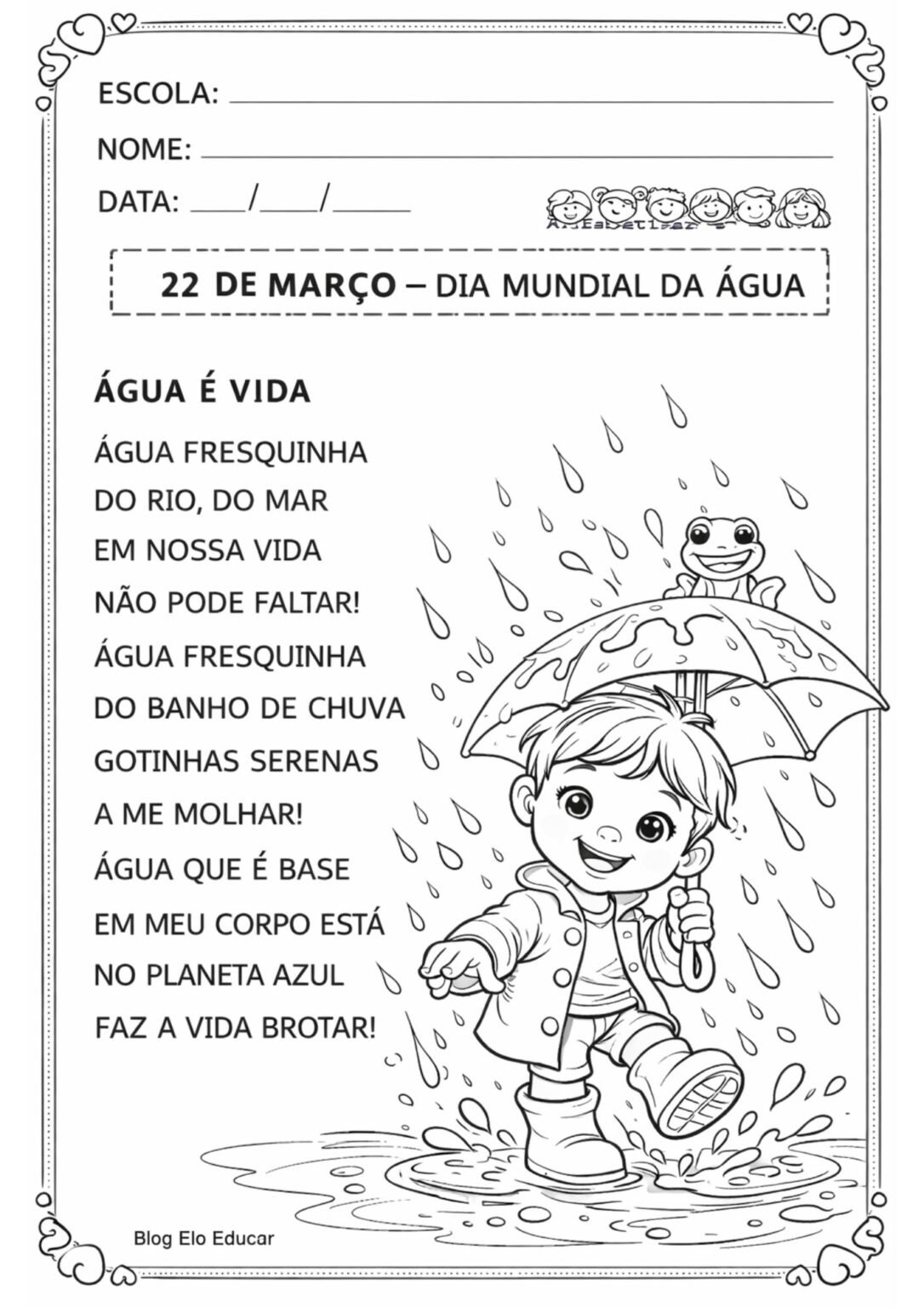 Atividades do Dia da Água 1° e 2° ano: atividade interdisciplinar