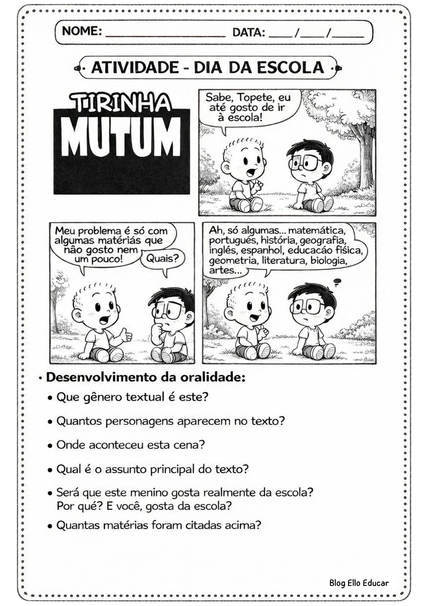 Atividades Dia da Escola 4° ano com plano de aula BNCC - Ello Educar