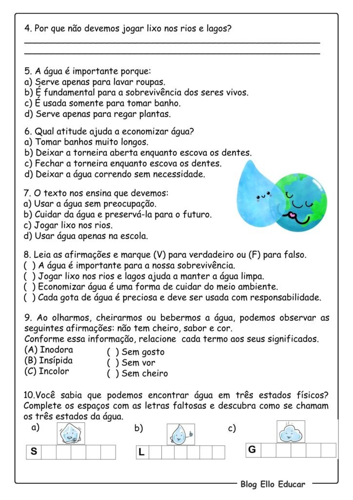 Atividades de Ciências Dia da Água 5° ano