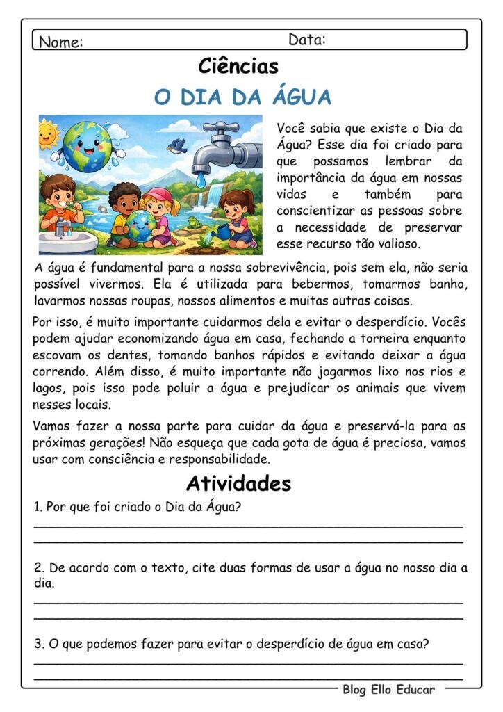 Atividades de Ciências Dia da Água 5° ano