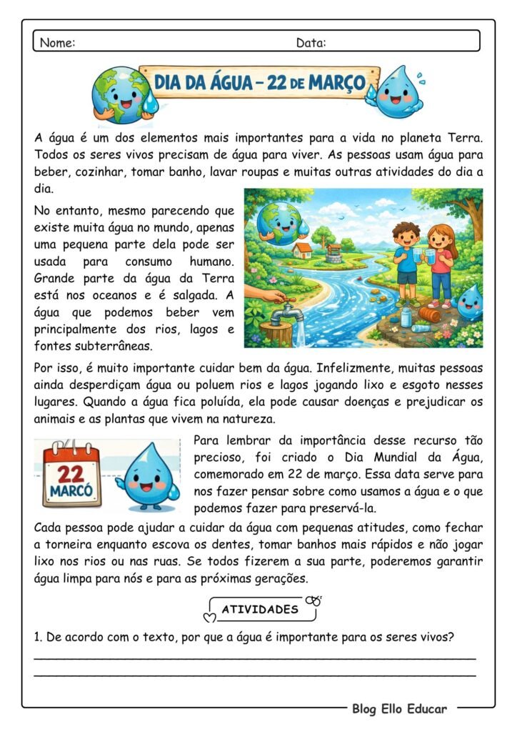 Atividades de Ciências dia da água 4° ano.