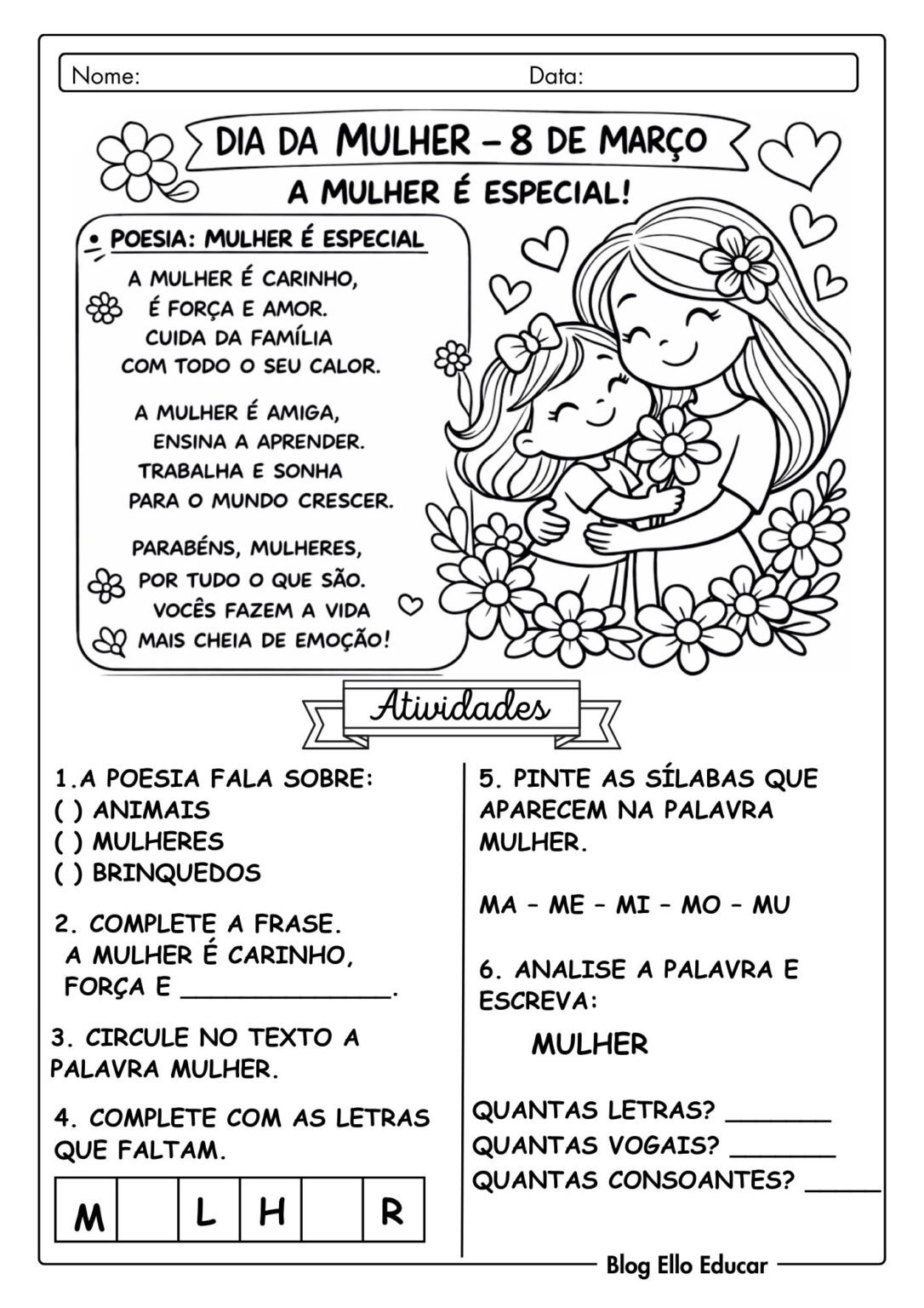 Atividades Dia da Mulher 1° ano: material gratuito em PDF - Ello Educar