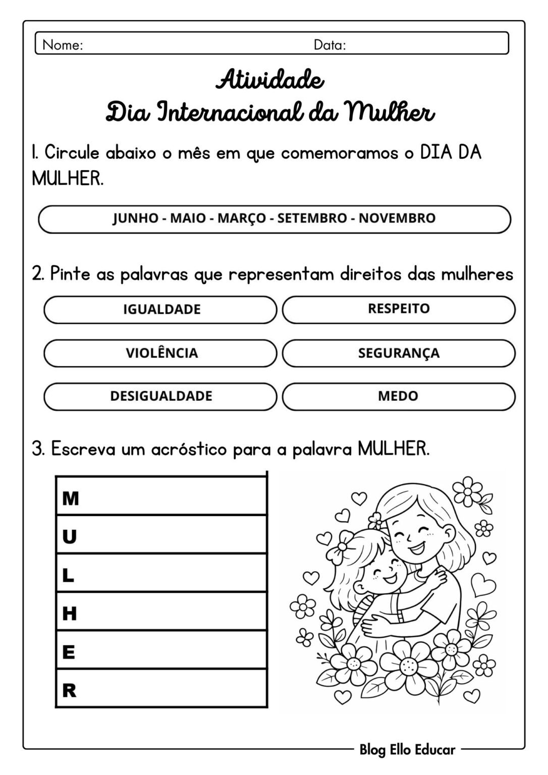 Atividades Dia da Mulher 1° ano: material gratuito em PDF - Ello Educar